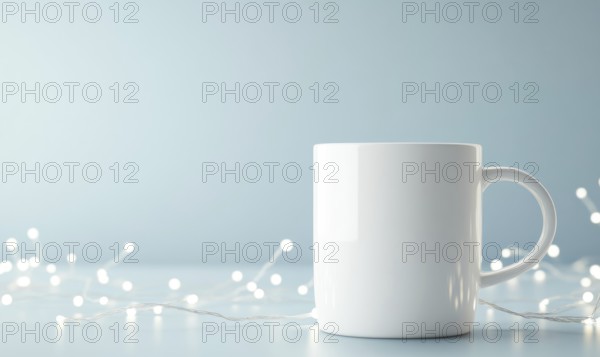 A white coffee cup sits on a table with a blue background. The cup is empty and the table is illuminated by a string of lights. Concept of calm and relaxation. AI generated