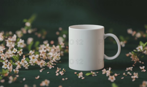 A white coffee cup sits on a table with pink flowers. The cup is empty and the flowers are scattered around it. Concept of calm and relaxation, as the cup and flowers are both simple and uncluttered. AI generated
