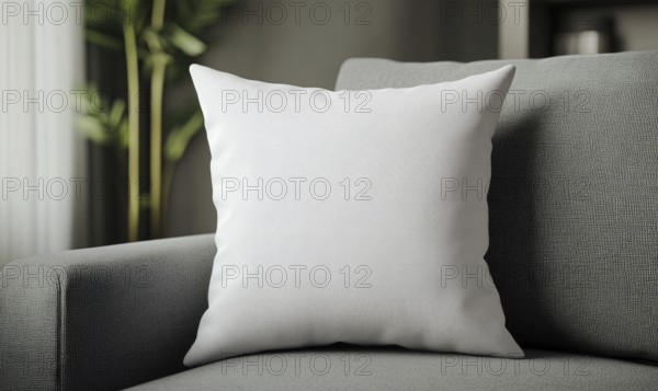 A white pillow sits on a gray couch. The pillow is the main focus of the image, and it is a decorative item. The couch is a neutral color, and the room has a simple and clean design. AI generated