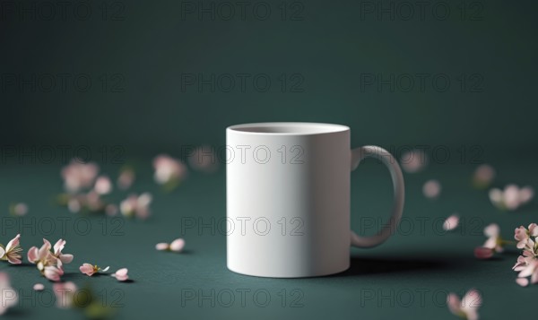 A white coffee cup sits on a green table with pink flowers scattered around it. The cup is empty, and the flowers add a touch of color and freshness to the scene. Concept of calm and relaxation. AI generated