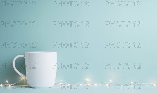 A white coffee cup sits on a blue background. The cup is the main focus of the image, and the blue background serves as a neutral and calming backdrop. Concept of relaxation and comfort. AI generated