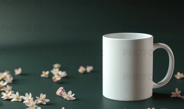 A white coffee cup sits on a green table with pink flowers scattered around it. Concept of calm and relaxation, as the cup and flowers create a peaceful and inviting atmosphere. AI generated
