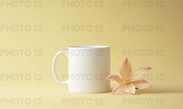 A white coffee cup sits on a yellow background with a pink flower next to it. Concept of calm and relaxation, as the cup and flower are both simple and unadorned. The yellow background adds a warm. AI generated