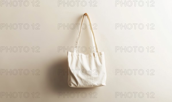 Beige canvas bag hanging on a wall hook in a minimalist setting. AI generated