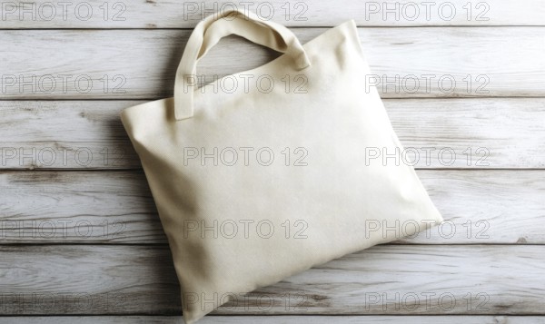 A white bag with a handle sits on a wooden surface. The bag is empty and has a simple design. Concept of simplicity and minimalism. AI generated