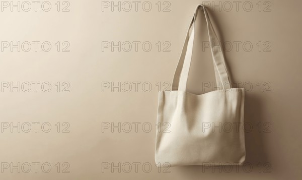 A tan tote bag is hanging on a wall. The bag is made of a light material and has a simple design. Concept of minimalism and simplicity. AI generated