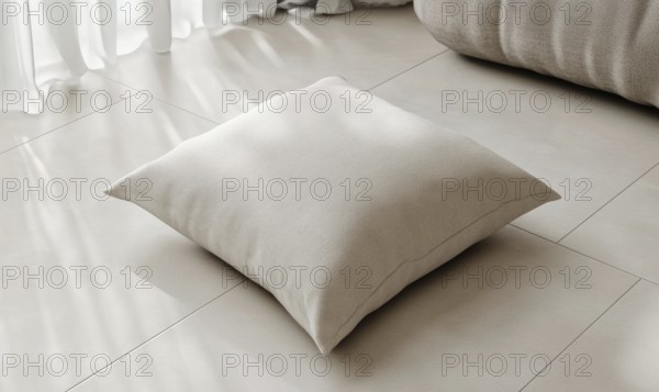A white pillow sits on a tile floor. The pillow is square and has a pattern on it. The floor is white and the room is bright and airy. AI generated