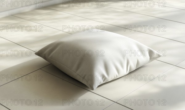 A white pillow sits on a tile floor. The pillow is small and square in shape. The floor is white and the pillow is the only object in the image. AI generated