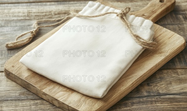 A white cloth bag is tied to a wooden cutting board. The bag is empty and the cutting board is made of wood. AI generated