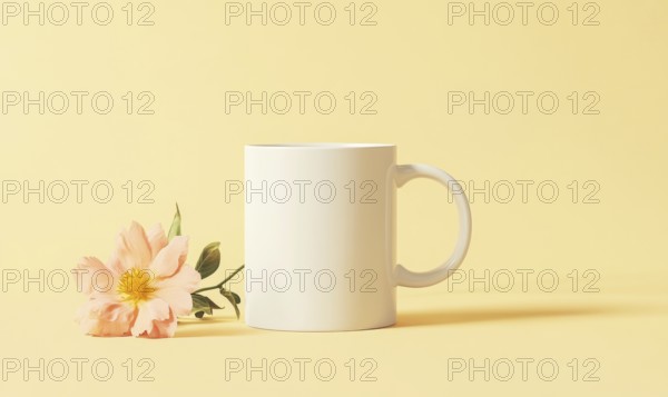 A white coffee cup with a flower on top of it. The flower is pink and the cup is empty. AI generated