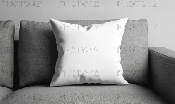 White pillow on a textured gray sofa in a modern setting. AI generated