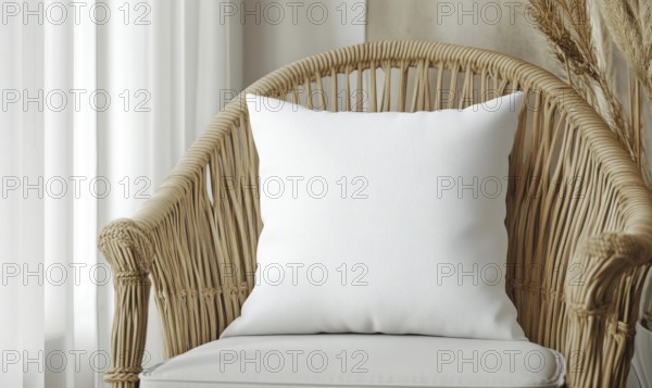 A white pillow sits on a wicker chair in a room with white walls. The pillow is the main focus of the image, and the chair and walls provide a simple, minimalistic backdrop. AI generated