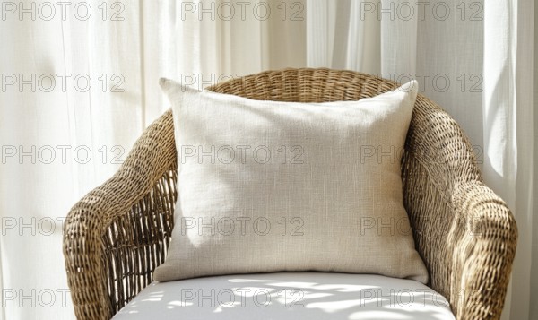 A wicker chair with a white pillow on it. The pillow has a pattern of squares and circles. The chair is sitting in front of a window, with sunlight shining on it. The scene gives off a cozy. AI generated