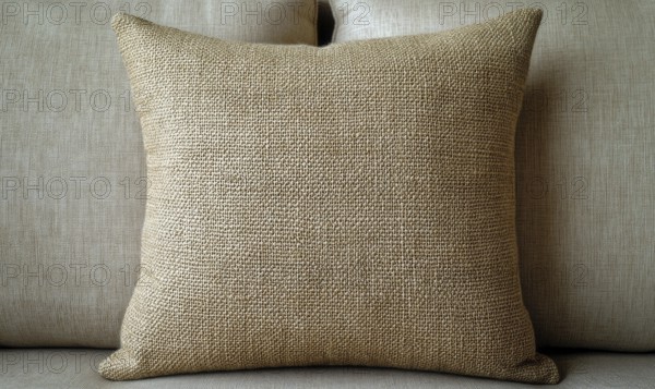 A tan pillow with a brown and white pattern sits on a couch. The pillow is the main focus of the image, and it is a decorative item. The couch is the background. AI generated