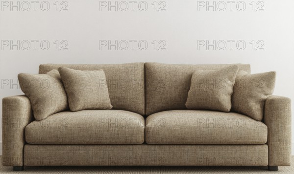 A brown couch with pillows on it. The couch is in a room with a white wall. AI generated