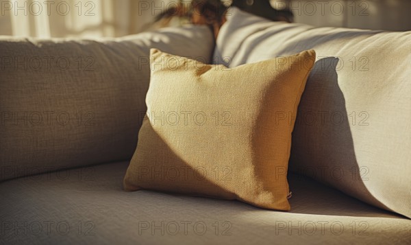 A tan pillow sits on a couch, casting a shadow on the couch. The pillow is the main focus of the image, and it is a decorative item. The couch is a neutral color. AI generated