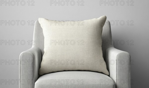 A white pillow on a gray chair. The pillow is large and has a textured surface. The chair is also gray and has a simple design. Concept of calm and relaxation, as the pillow. AI generated