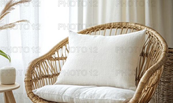 A white pillow sits on a wicker chair in front of a window. The chair is made of bamboo and the pillow is white. AI generated