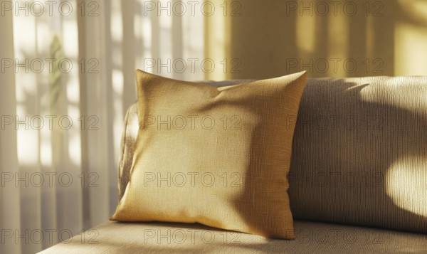 A pillow with a pattern on it is sitting on a couch. The couch is in a room with a window, and the sunlight is shining on the pillow. Scene is warm and inviting. AI generated