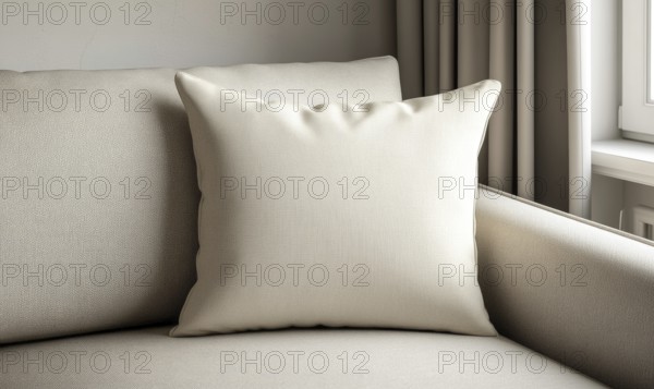 Minimalistic beige sofa with a soft cushion in a neutral, cozy setting. AI generated