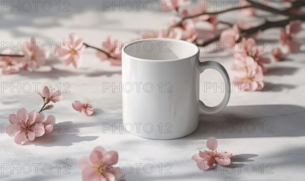 A white coffee cup sits on a table with pink flowers in the background. The cup is empty and the flowers are scattered around it. Concept of calm and relaxation, as the cup and flowers are both simple. AI generated