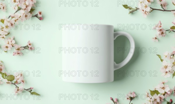 A white coffee cup sits on a green background with pink flowers. The cup is empty and the flowers are in full bloom. Concept of freshness and tranquility, as the cup and flowers are both simple. AI generated