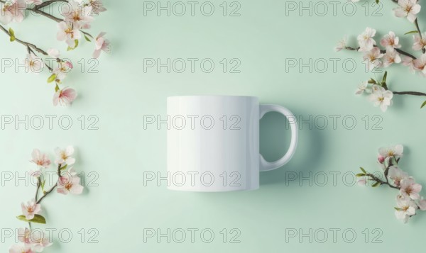 A white coffee cup sits on a green background with pink flowers. The cup is empty and the flowers are in bloom. Concept of freshness and tranquility, as the cup and flowers are both simple. AI generated
