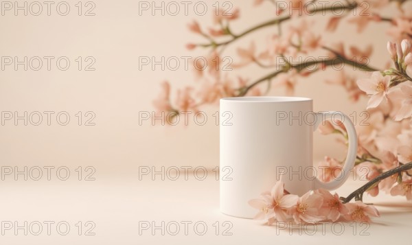 A white coffee cup is sitting on a table next to a branch of pink flowers. Concept of calm and relaxation, as the cup and flowers are both white and pink, which are often associated with tranquility. AI generated