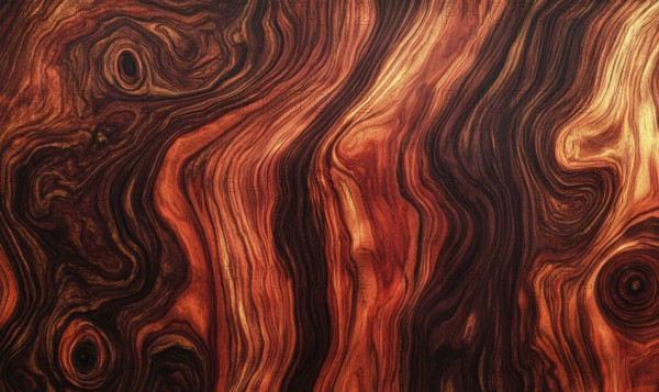 Abstract swirling wood grain patterns in warm browns and oranges. AI generated