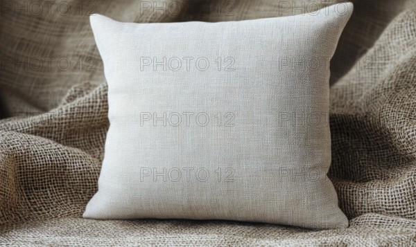 A beige pillow on a burlap background conveying a rustic and cozy vibe. AI generated