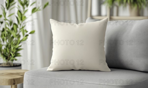 A white pillow sits on a gray couch in a living room. The pillow is placed on a chair and is surrounded by a potted plant. The room has a modern and minimalist design, with a focus on clean lines. AI generated