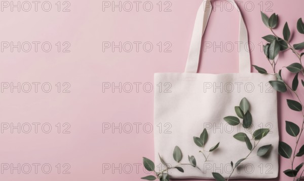 A white bag with green leaves on it is on a pink background. The bag is the main focus of the image, and the green leaves add a natural and organic touch to the scene. AI generated