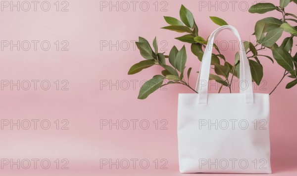 A white bag with a leaf on it is on a pink background. The bag is placed in front of a plant, which adds a touch of nature to the scene. The combination of the white bag. AI generated