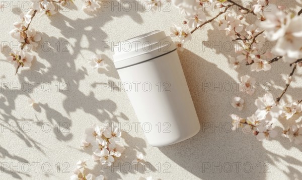 A white cup is sitting on a table next to a bunch of pink flowers. The cup is empty and the flowers are in full bloom. The scene is peaceful and serene, with the cup. AI generated