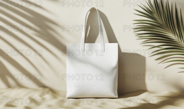 A white bag with a leaf design on it is sitting on a sandy beach. The bag is the main focus of the image, and the beach setting creates a relaxed and leisurely mood. AI generated