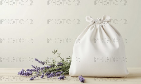 A white bag with a purple flower on it sits on a table. The bag is tied with a string and is placed next to a bunch of purple flowers. Concept of calm and relaxation, as the bag. AI generated