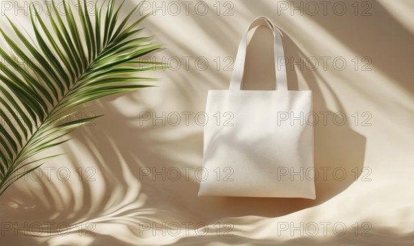 A white tote bag is sitting on a tan surface with a leafy green palm tree in the background. Concept of relaxation and leisure, as the bag and palm tree are both associated with beach. AI generated