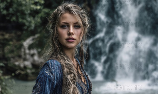A woman with long hair stands in front of a waterfall. She is wearing a blue dress and has her hair in braids. The image has a serene. AI generated