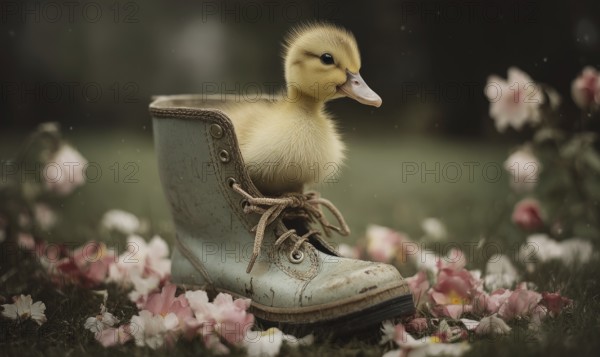 A baby duck is sitting on a blue shoe. The shoe is on a bed of pink flowers. AI generated