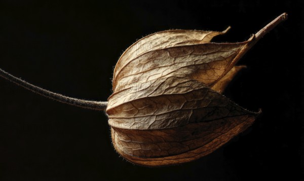 A dried up leaf with a brown stem and a brown leaf. AI generated