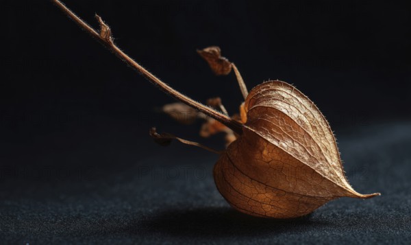 A leaf is on a black background. The leaf is brown and has a heart shape. The leaf is alone and not part of a plant. AI generated