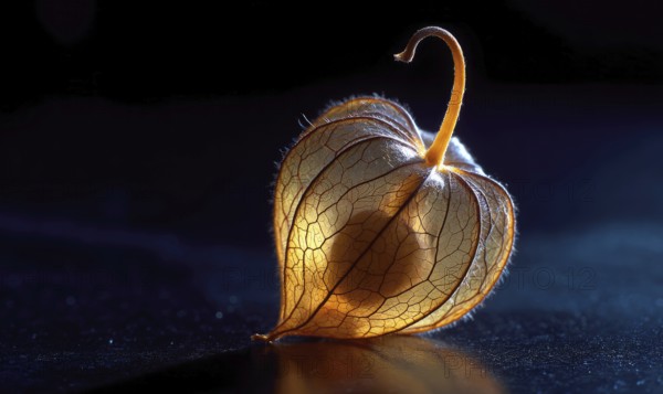 A flower with a stem is on a dark background. The flower is yellow and has a stem. AI generated