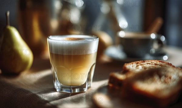 A glass of coffee sits on a table next to a plate of toast. The scene is casual and inviting, with the coffee. AI generated