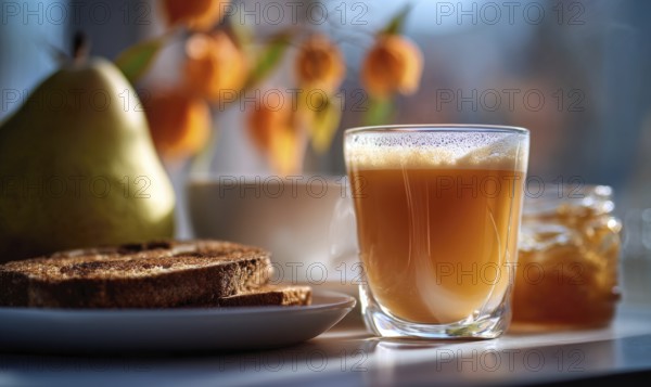 A glass of tea sits on a table next to a plate of toast and a jar of jam. Concept of comfort and relaxation. AI generated