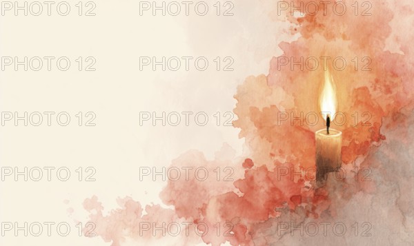 A candle is lit in a painting with a background of red and white. The candle is the main focus of the painting, and it creates a warm. AI generated