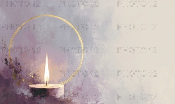 A candle is lit in a circle on a purple background. The candle is surrounded by a golden circle. Concept of warmth and comfort. AI generated