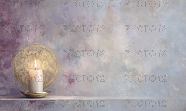 A candle is lit on a small gold plate. The candle is surrounded by a purple background. AI generated