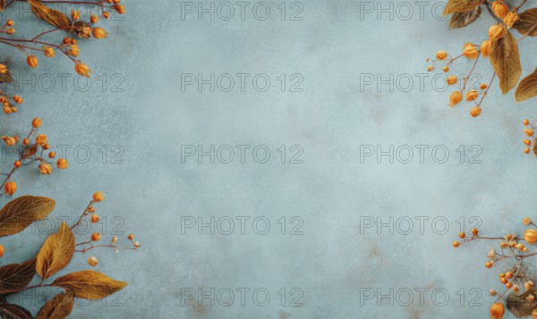 A blue background with orange flowers and leaves. The flowers are scattered around the background and the leaves are in the foreground. AI generated