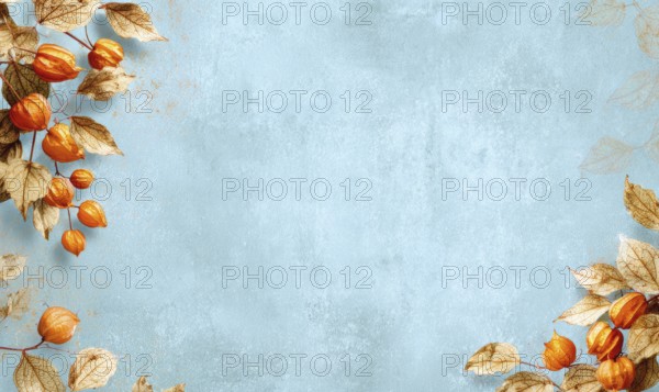 A blue background with orange leaves and fruits. The background is blue and the leaves and fruits are the main focus of the image. AI generated