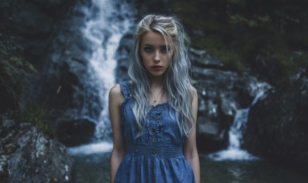 A woman in a blue dress stands in front of a waterfall. The image has a serene and peaceful mood, as the woman is enjoying the beauty of nature. AI generated